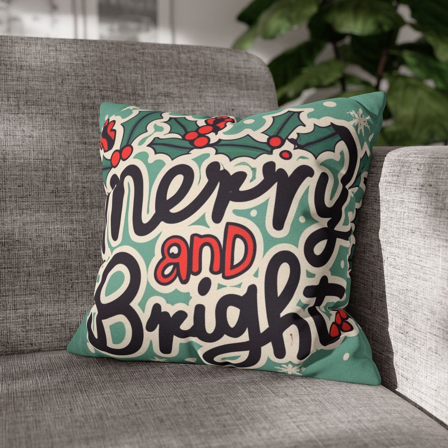 Merry and Bright Christmas Theme Holiday - Spun Polyester Square Pillow Case