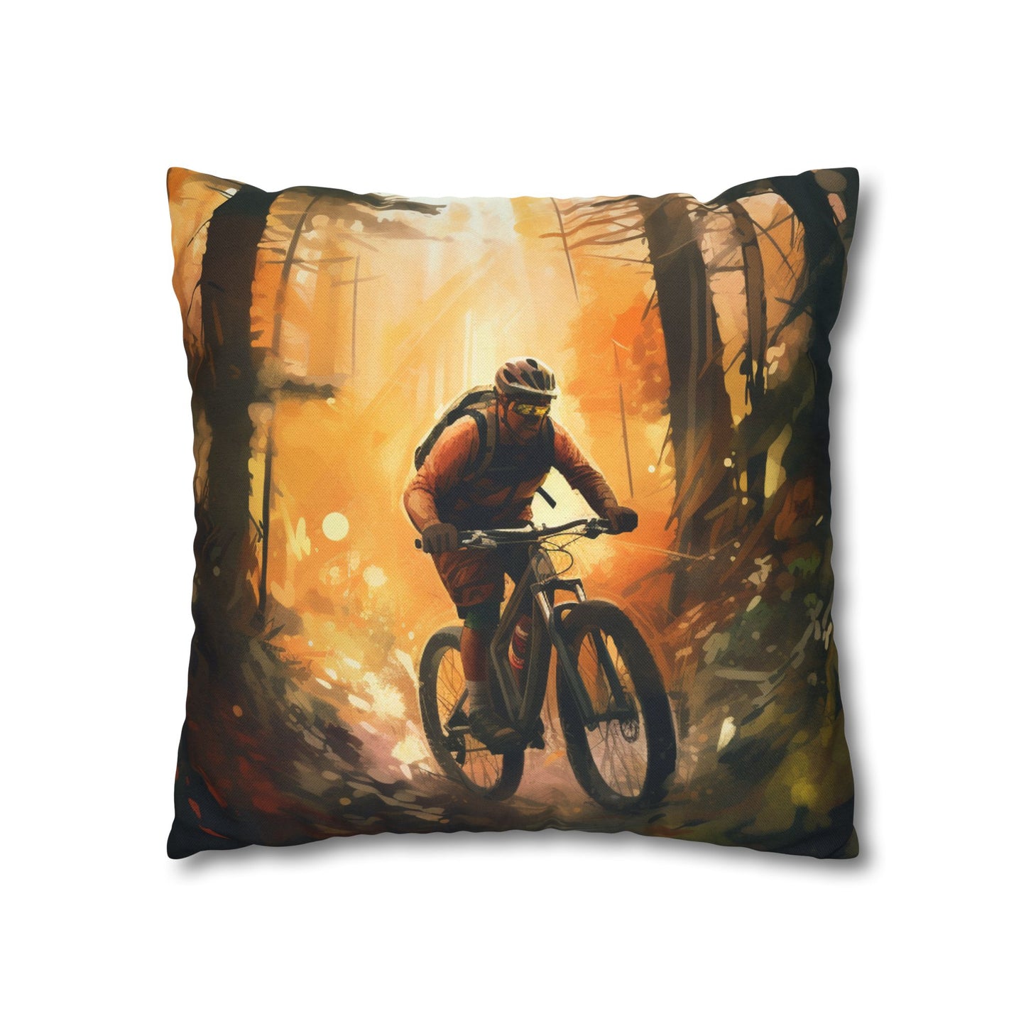 Mountain Bike Adventure - Forest Trail Graphic Spun Polyester Square Pillow Case