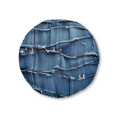 Midnight Blue Distressed Denim: Rugged, Torn & Stylish Design - Tufted Floor Pillow, Round