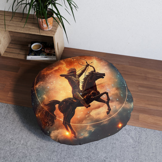 Sagittarius Constellation Totem - Archer in Action Zodiac Symbol - Tufted Floor Pillow, Round