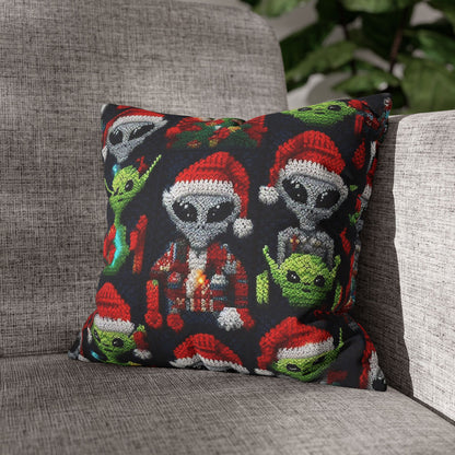 Festive Alien Invasion: Intergalactic Christmas Holiday Cheer with Santa Hats and Seasonal Gifts Crochet Pattern - Spun Polyester Square Pillow Case