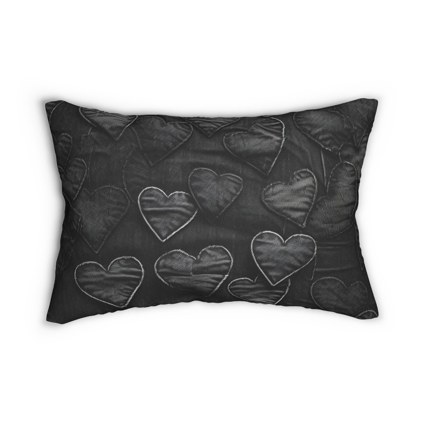 Black: Distressed Denim-Inspired Fabric Heart Embroidery Design - Spun Polyester Lumbar Pillow