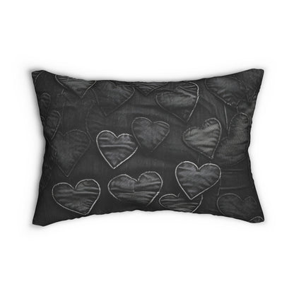 Black: Distressed Denim-Inspired Fabric Heart Embroidery Design - Spun Polyester Lumbar Pillow