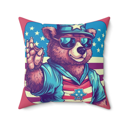 American Bear USA Flag Patriotic 4th of July Style Spun Polyester Square Pillow