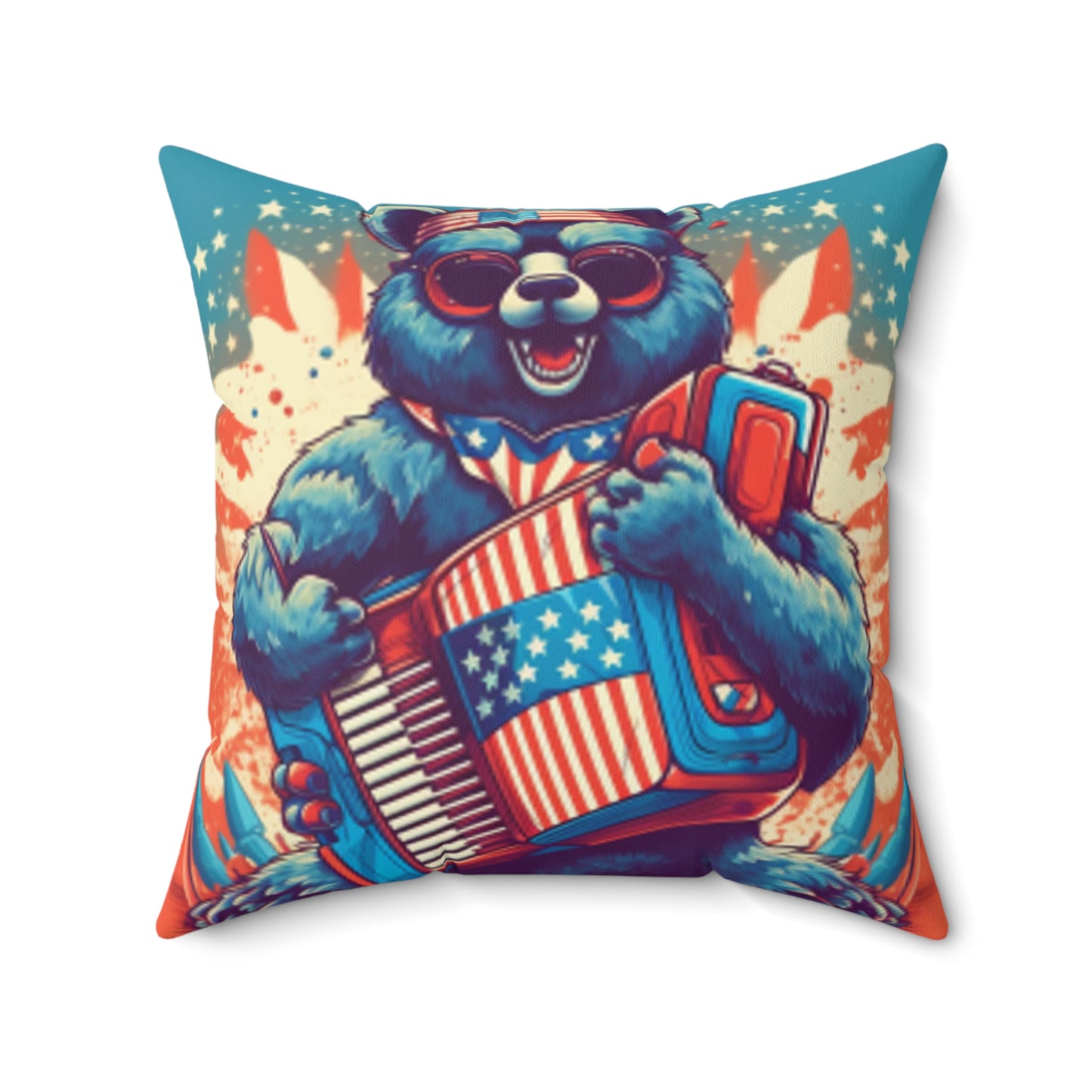 Accordion Bear Patriotic 4th of July American Music Spun Polyester Square Pillow