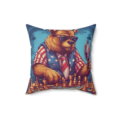 Checkmate Patriotism: Patriotic Bear's Chess Game 4th of July Style Spun Polyester Square Pillow