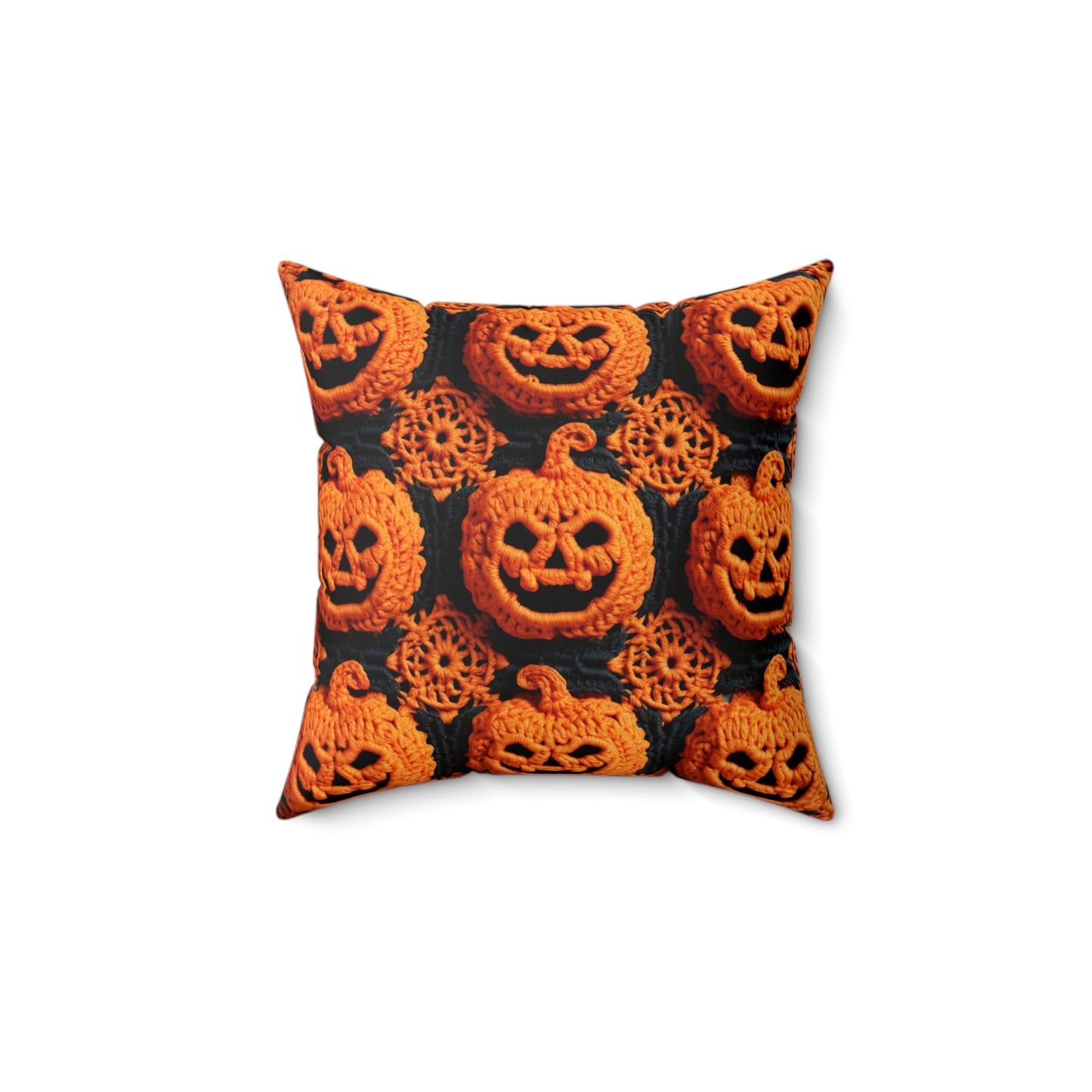 Halloween Crochet Pumpkin Scary Horror Festive Holiday Pattern - Spun Polyester Square Pillow