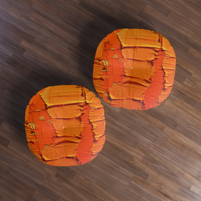 Fiery Citrus Orange: Edgy Distressed, Denim-Inspired Fabric - Tufted Floor Pillow, Round