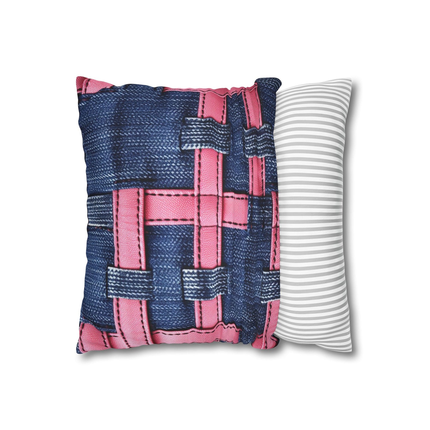 Candy-Striped Crossover: Pink Denim Ribbons Dancing on Blue Stage - Spun Polyester Square Pillow Case