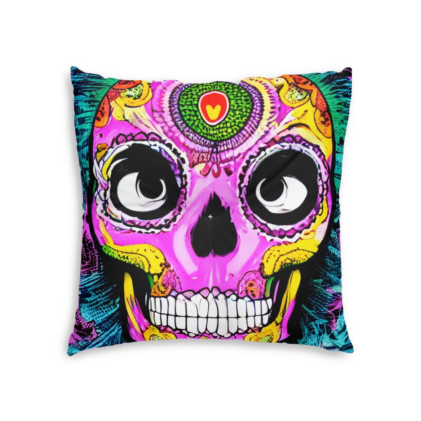 Trippy psychedelic Skull Skeleton Head Face Tufted Floor Pillow, Square