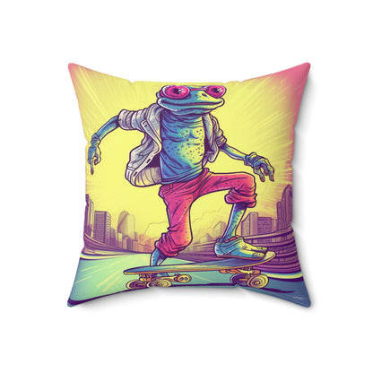 City Frog Skate Board Rider Playful Fun Anime Graphic Spun Polyester Square Pillow