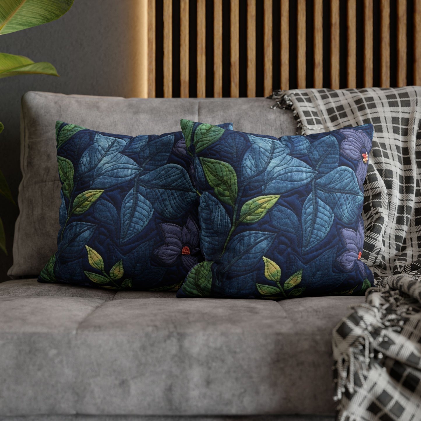 Floral Embroidery Blue: Denim-Inspired, Artisan-Crafted Flower Design - Spun Polyester Square Pillow Case