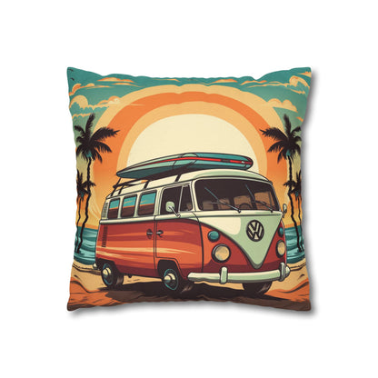 Retro Beach Camper Van - Sunset Surfboard Scene Spun Polyester Square Pillow Case