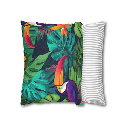 Vivid Tropical Birds & Leaves - Seamless Pattern Spun Polyester Square Pillow Case