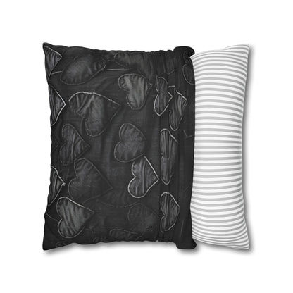 Black: Distressed Denim-Inspired Fabric Heart Embroidery Design - Spun Polyester Square Pillow Case