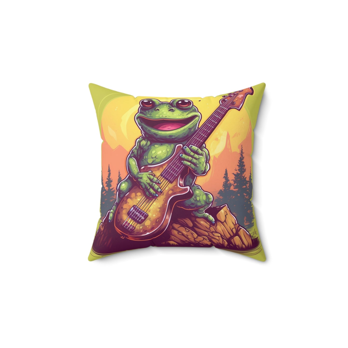 Frog Log Bass Guitarist Musician Swamp Graphic Spun Polyester Square Pillow