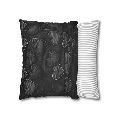 Black: Distressed Denim-Inspired Fabric Heart Embroidery Design - Spun Polyester Square Pillow Case