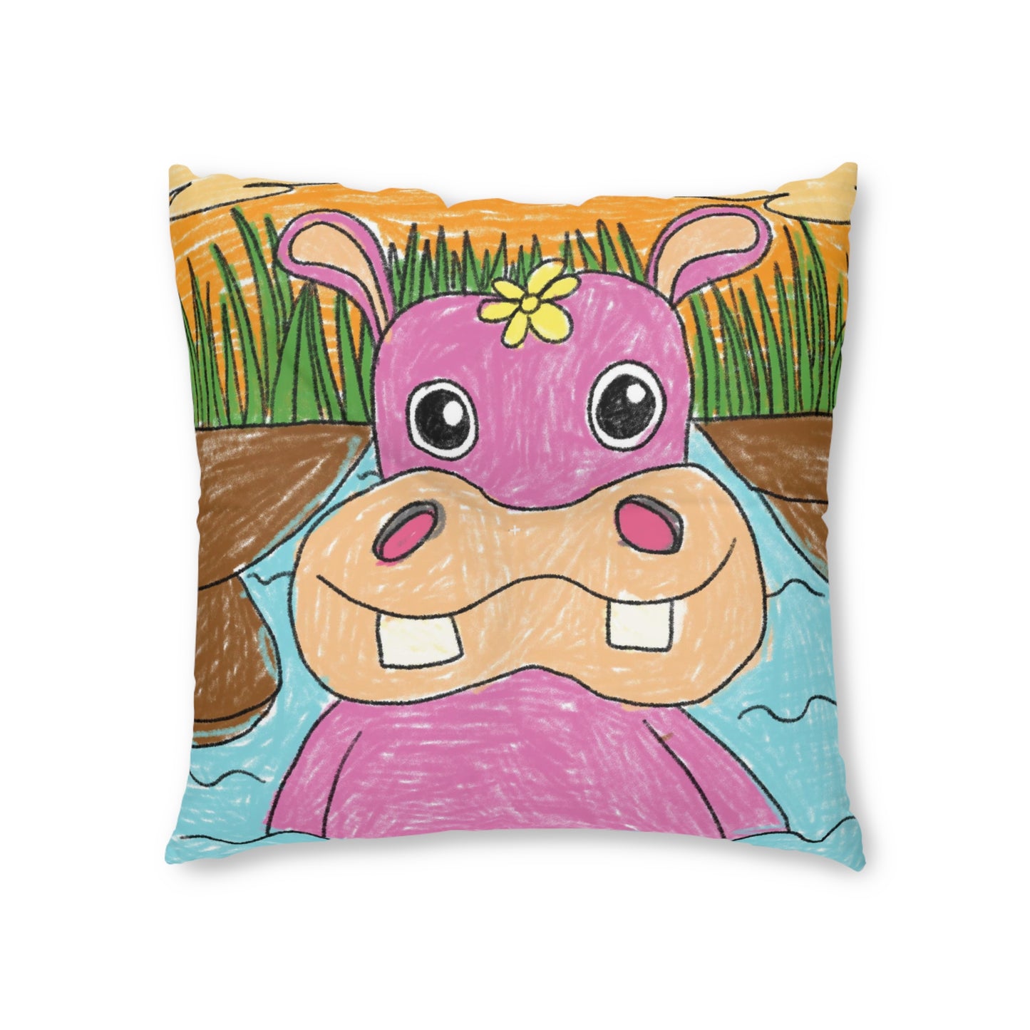 Hippo Hippopotamus Animal Creature Graphic Tufted Floor Pillow, Square