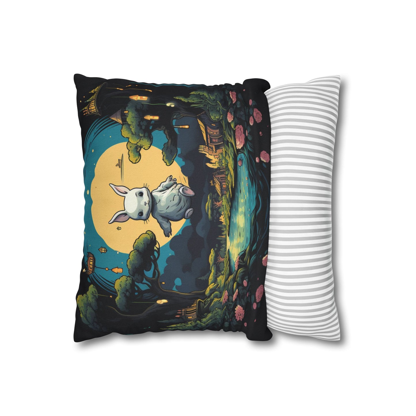 White Rabbit Mystery Psychedelic Fantasy Anime Cartoon Bunny - Spun Polyester Square Pillow Case