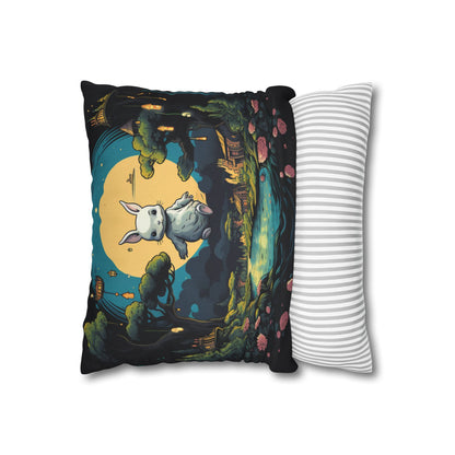 White Rabbit Mystery Psychedelic Fantasy Anime Cartoon Bunny - Spun Polyester Square Pillow Case