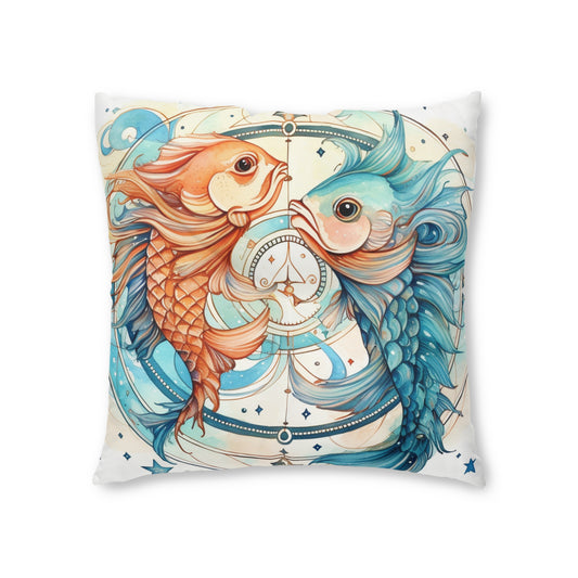 Pisces Zodiac Horoscope - Starry Watercolor & Ink, Hyper-Detailed Fish Tufted Floor Pillow, Square