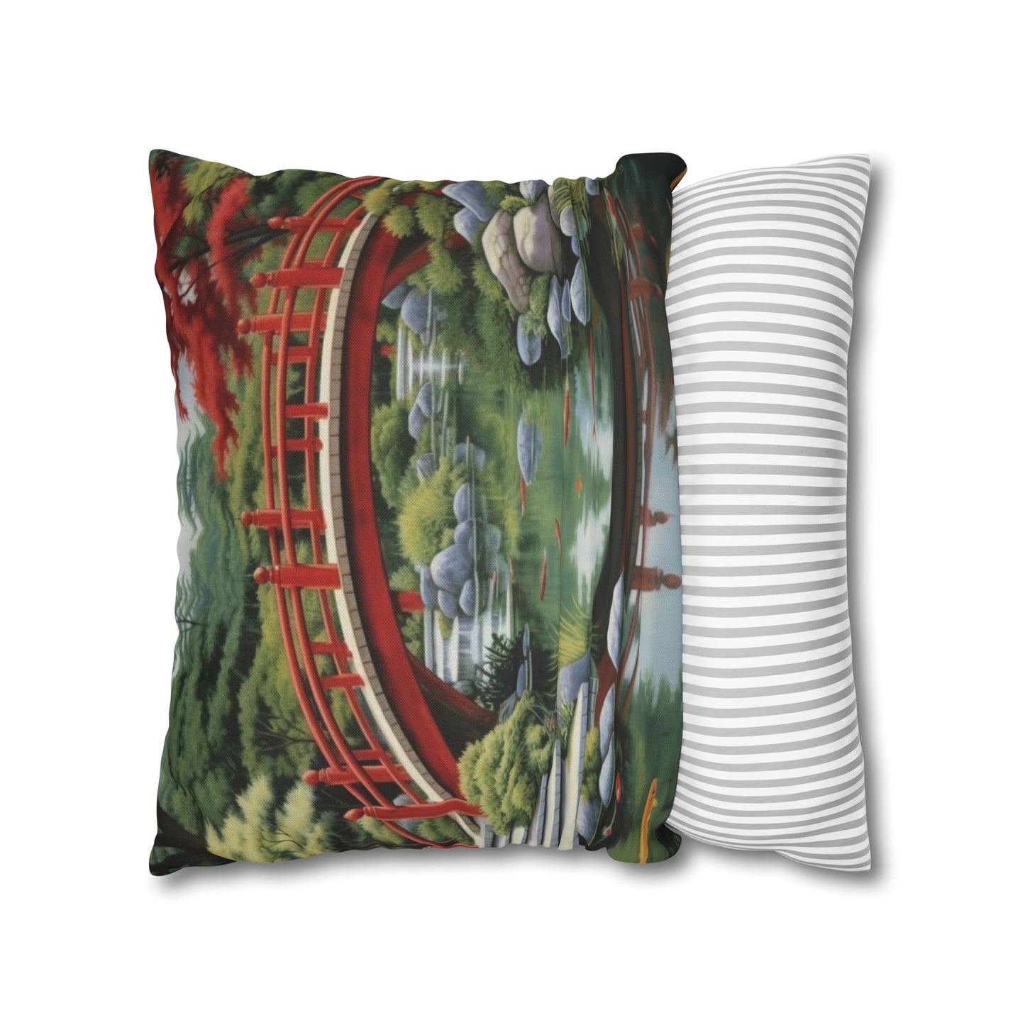 Japanese Garden Art - Tranquil Koi Pond Red Bridge Spun Polyester Square Pillow Case