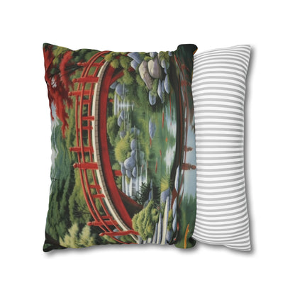 Japanese Garden Art - Tranquil Koi Pond Red Bridge Spun Polyester Square Pillow Case