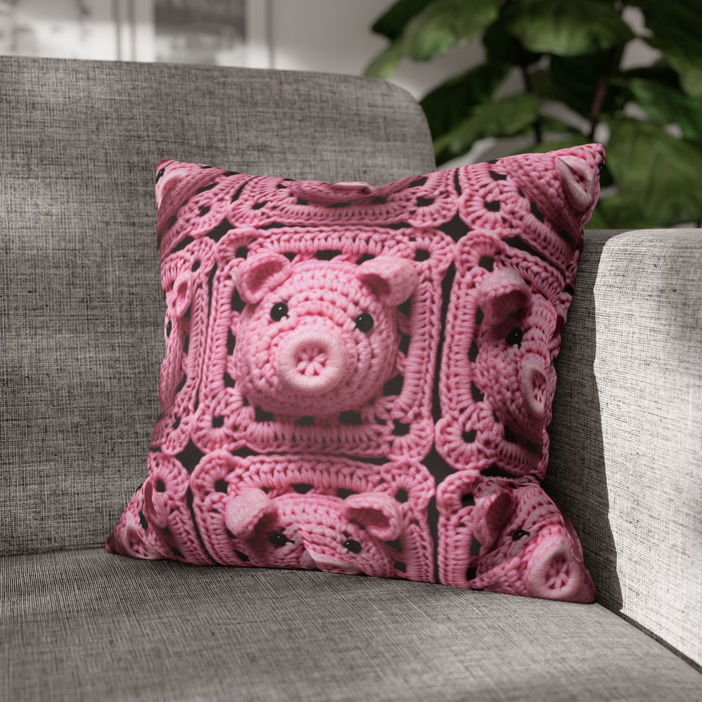 Crochet Pig Farm Animal Pink Snout Piggy Pattern - Spun Polyester Square Pillow Case