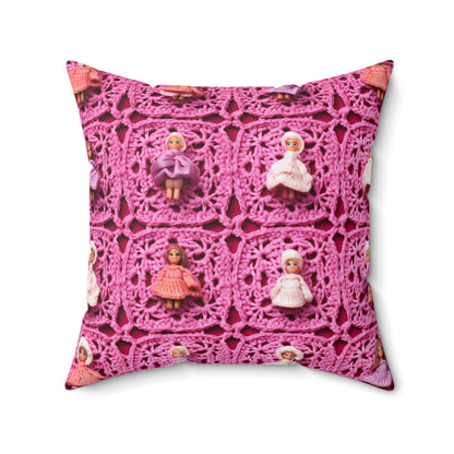 Barbie Dolls on Granny Squares: Realistic Pink Toy Design - Spun Polyester Square Pillow