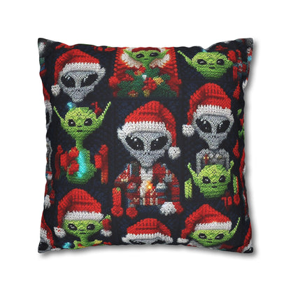 Festive Alien Invasion: Intergalactic Christmas Holiday Cheer with Santa Hats and Seasonal Gifts Crochet Pattern - Spun Polyester Square Pillow Case