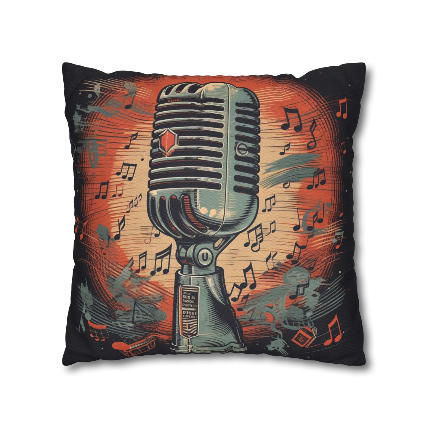 Retro Microphone & Music Notes - Vintage Style Design Spun Polyester Square Pillow Case