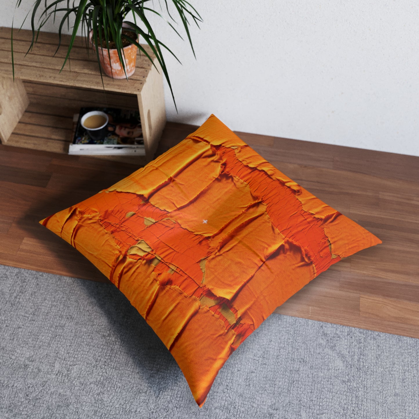 Fiery Citrus Orange: Edgy Distressed, Denim-Inspired Fabric - Tufted Floor Pillow, Square