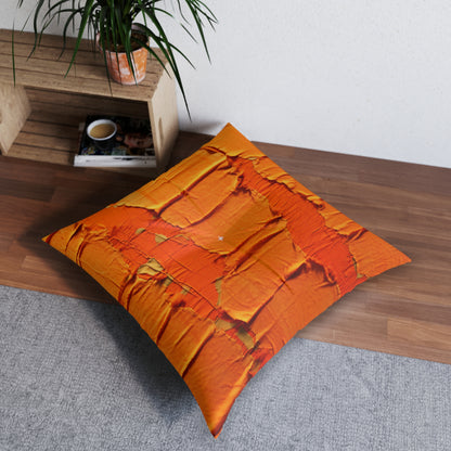 Fiery Citrus Orange: Edgy Distressed, Denim-Inspired Fabric - Tufted Floor Pillow, Square