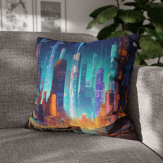 Futuristic Neon Cyberpunk Cityscape Art Design Spun Polyester Square Pillow Case