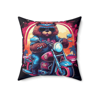 Motorcycle Bear Rider Adventure Graphic Spun Polyester Square Pillow