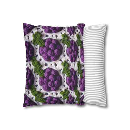 Crochet Grapes Pattern - Granny Square Design - Fresh Fruit Pick - Orchard Purple Snack Food - Spun Polyester Square Pillow Case