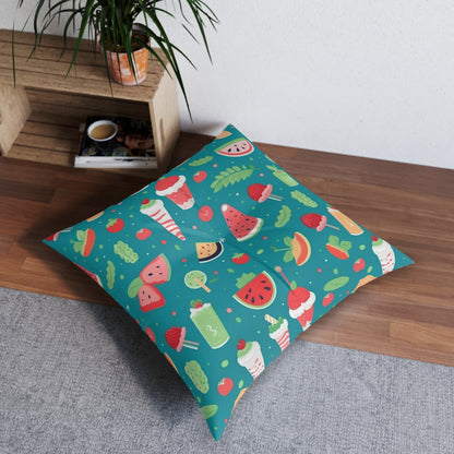 Quirky Summer Food Watermelon Ice Cream Cocktail Pattern Tufted Floor Pillow, Square