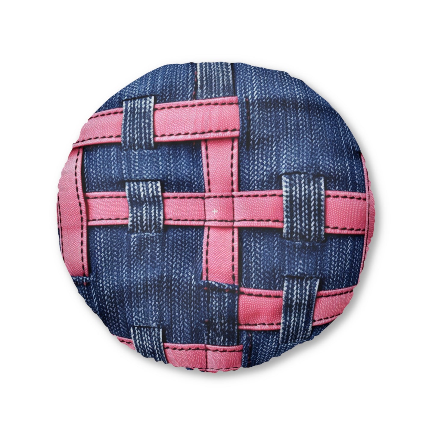 Candy-Striped Crossover: Pink Denim Ribbons Dancing on Blue Stage - Tufted Floor Pillow, Round