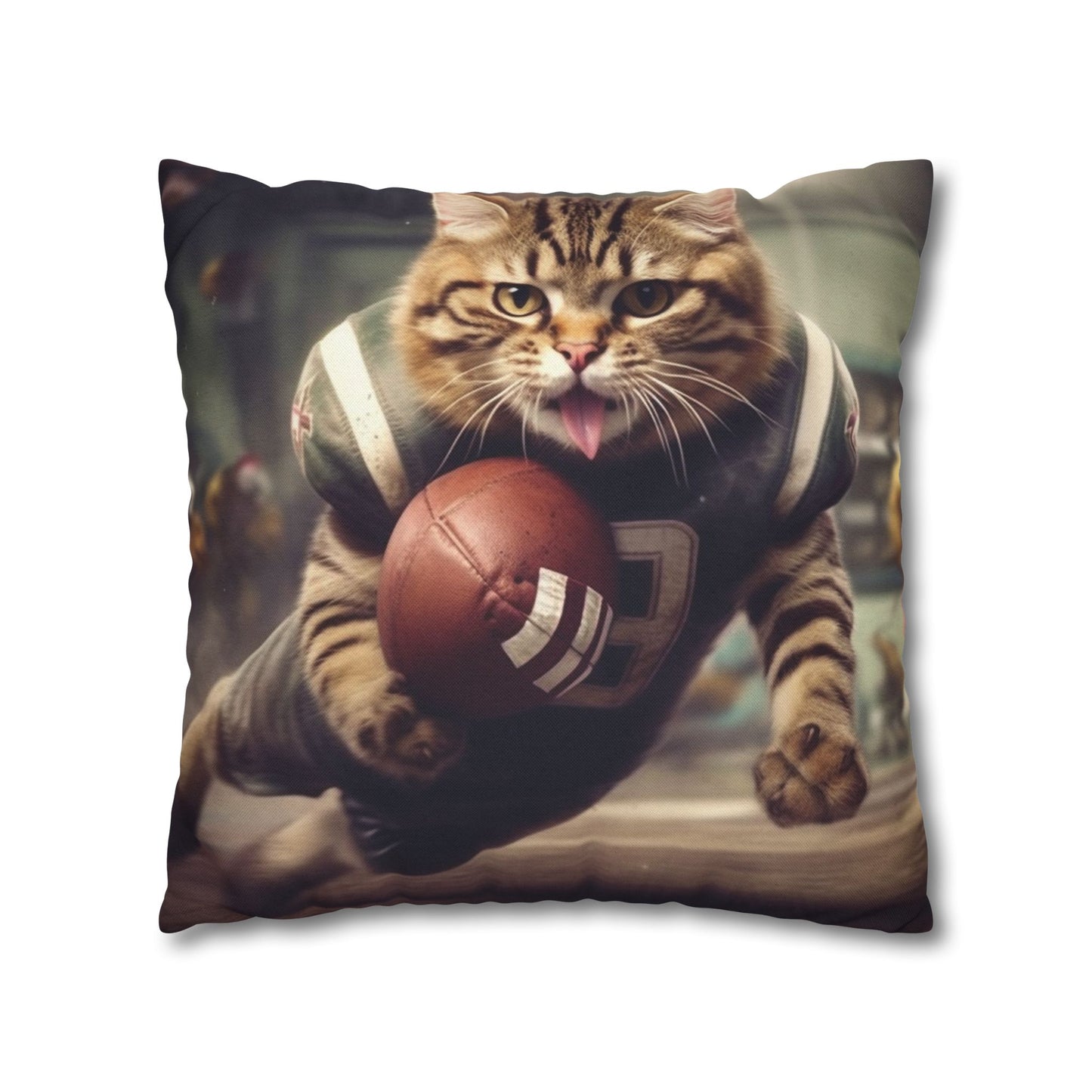 Football Field Felines: Kitty Cats in Sport Tackling Scoring Game Position - Spun Polyester Square Pillow Case