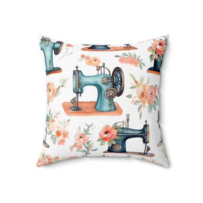 Watercolor Sewing Machines & Floral Bouquets: Antique Feminine Minimalist Styling - Spun Polyester Square Pillow