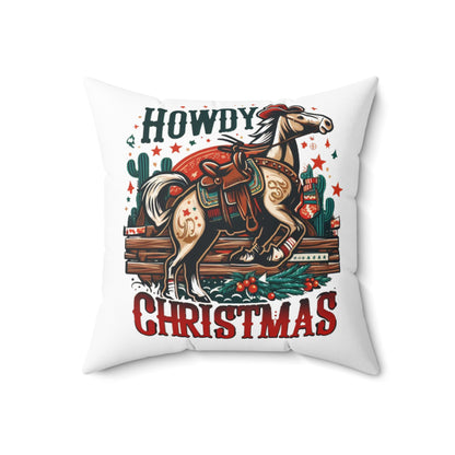 Old West Holiday Cheer - Cowboy Christmas with Festive Wreath and Star-Spangled Horse - Spun Polyester Square Pillow