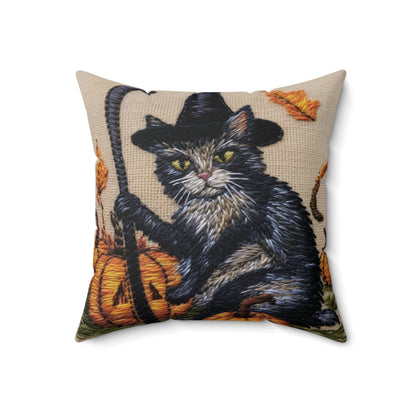 Halloween Cat Magic: Embroidered Style Feline with Pumpkins & Witch Hat - Spun Polyester Square Pillow