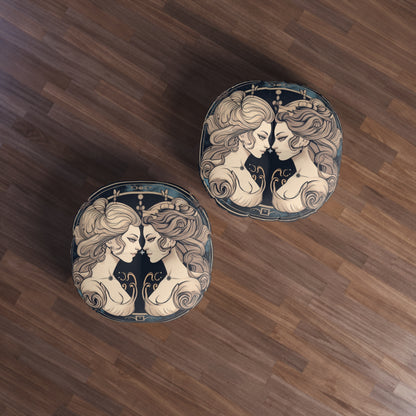 Duality of Gemini - Expressive Twins Zodiac Astrology - Tufted Floor Pillow, Round