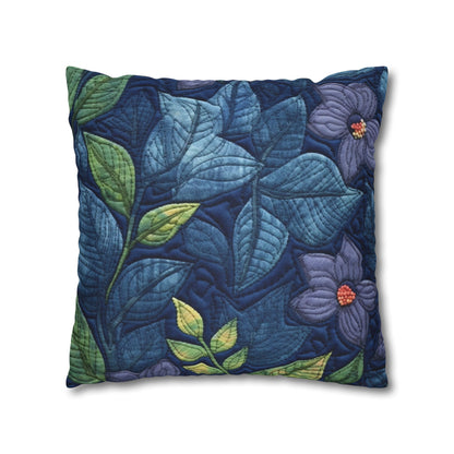 Floral Embroidery Blue: Denim-Inspired, Artisan-Crafted Flower Design - Spun Polyester Square Pillow Case