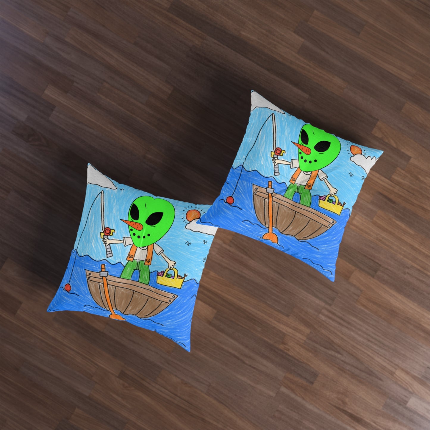 Sea Fish Hunter Veggie Visi Vegetable Visitor Alien Tufted Floor Pillow, Square