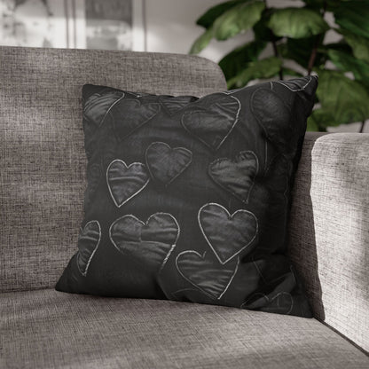 Black: Distressed Denim-Inspired Fabric Heart Embroidery Design - Spun Polyester Square Pillow Case