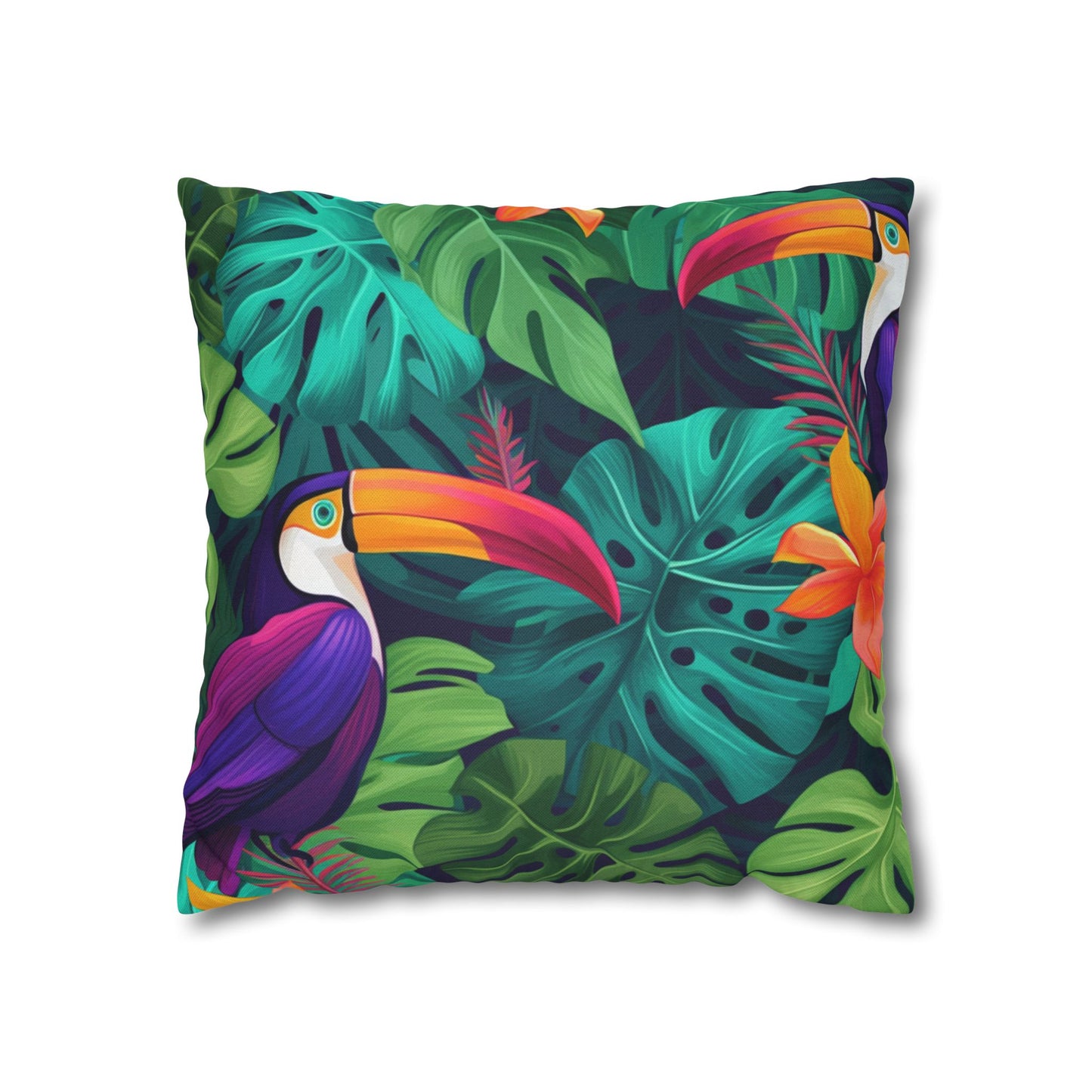 Vivid Tropical Birds & Leaves - Seamless Pattern Spun Polyester Square Pillow Case