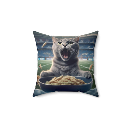 Halftime Football Feline: Screaming Sports Fan Cat Stadium Food Kitten - Spun Polyester Square Pillow