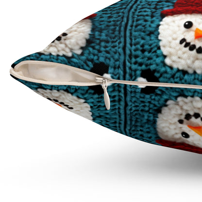 Snowman Crochet Craft, Festive Yuletide Cheer, Winter Wonderland - Spun Polyester Square Pillow