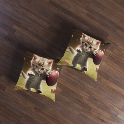 Football Kitty Fantasy: Feline Cat American Sport Quarterback - Tufted Floor Pillow, Square